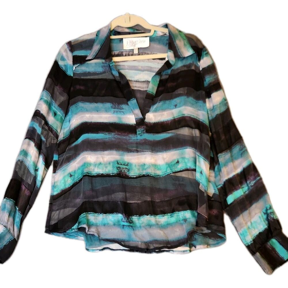 Rory Beca Womens Silk Y2K Flowy‎ Partial Sheer Collared Neck Blouse Blue Sz M
